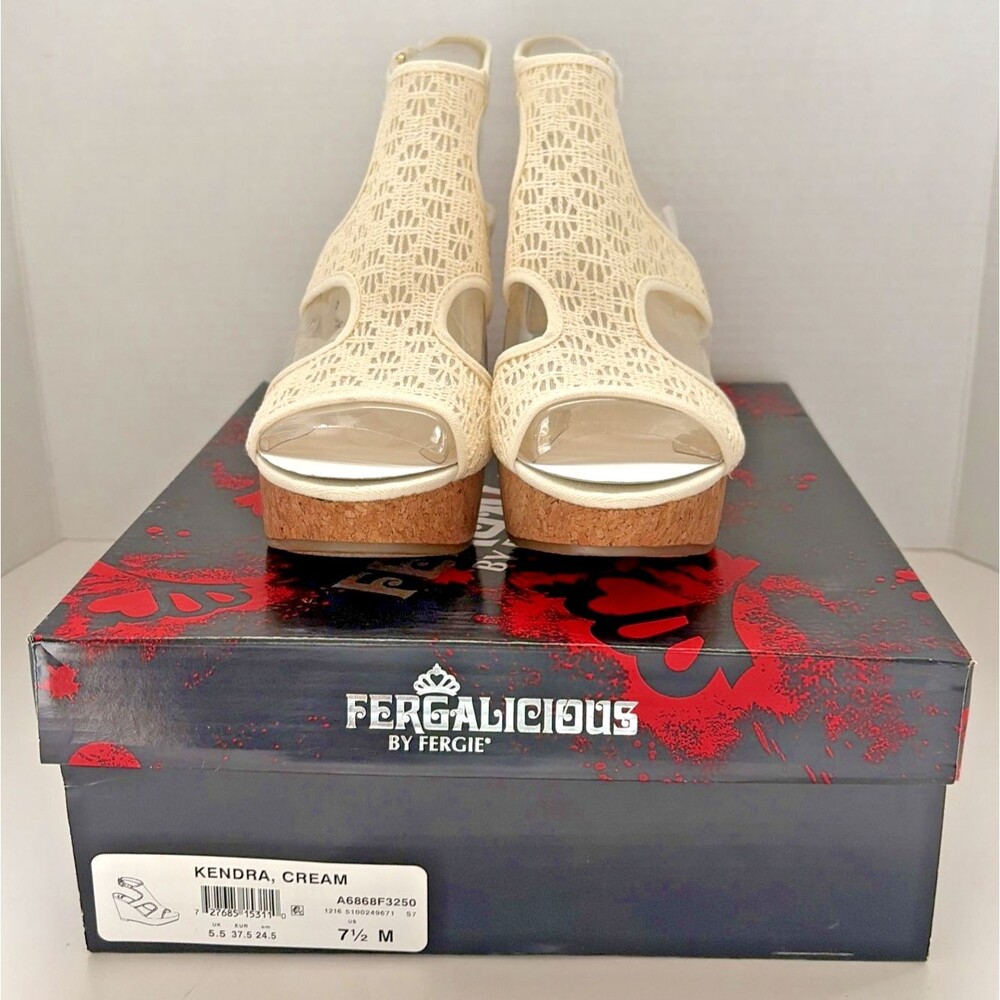 Fergalicious by Fergie Kendra Wedge Sandals Cream Lace Crochet Size 7.5 M NIB
